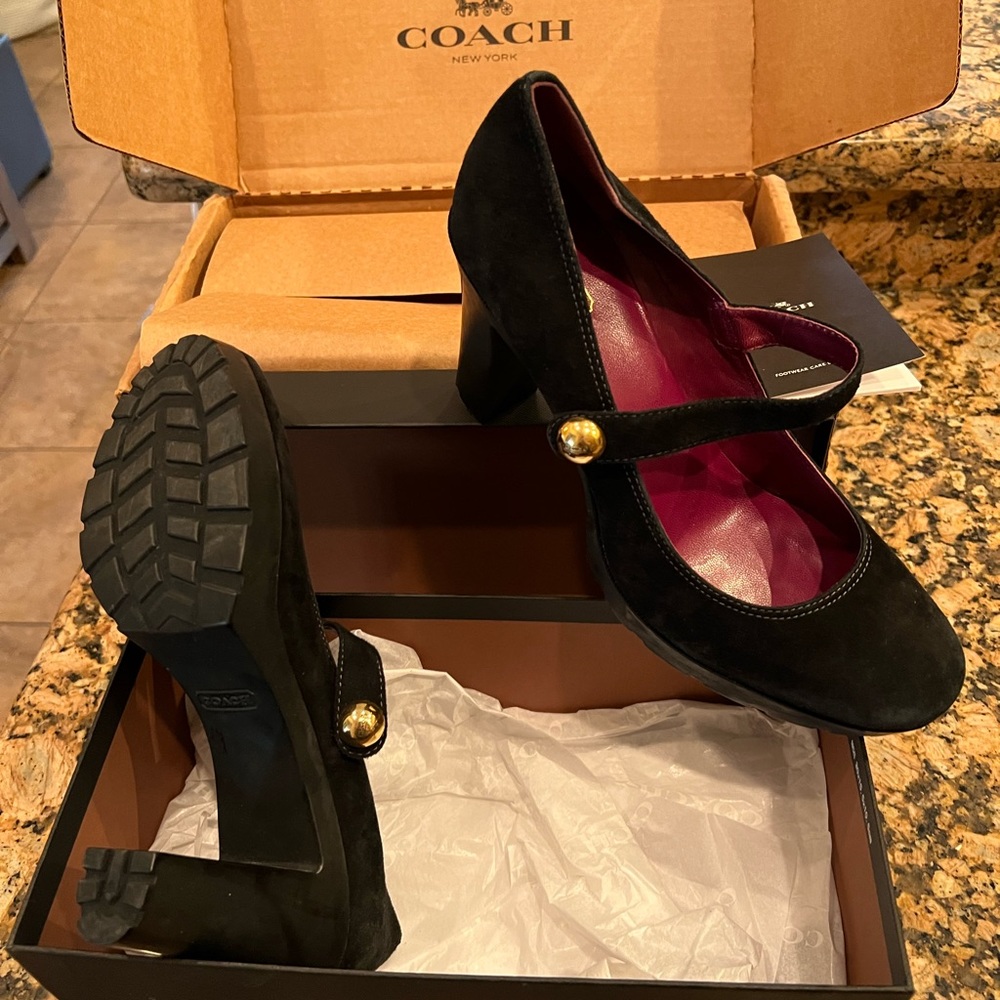 Suede black coach Mary Jane heels nwb